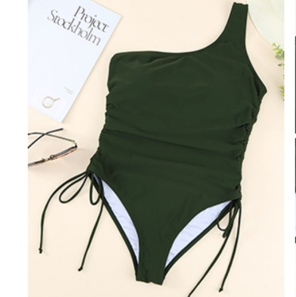 Viottiset One Shoulder Ruched Tummy Control High Cut Army Green Swim Suit SZ XL - Picture 4 of 11